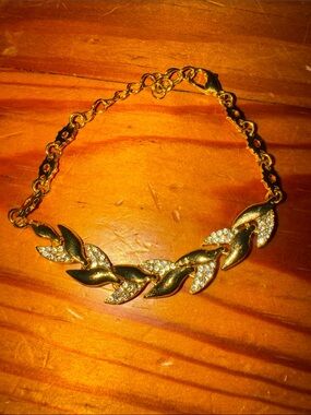 Gold Leaf Link Bracelet with Crystal Accents - Women Jewelry